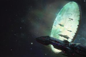 космический корабль в середине воида, художественное изображение, научная фантастика