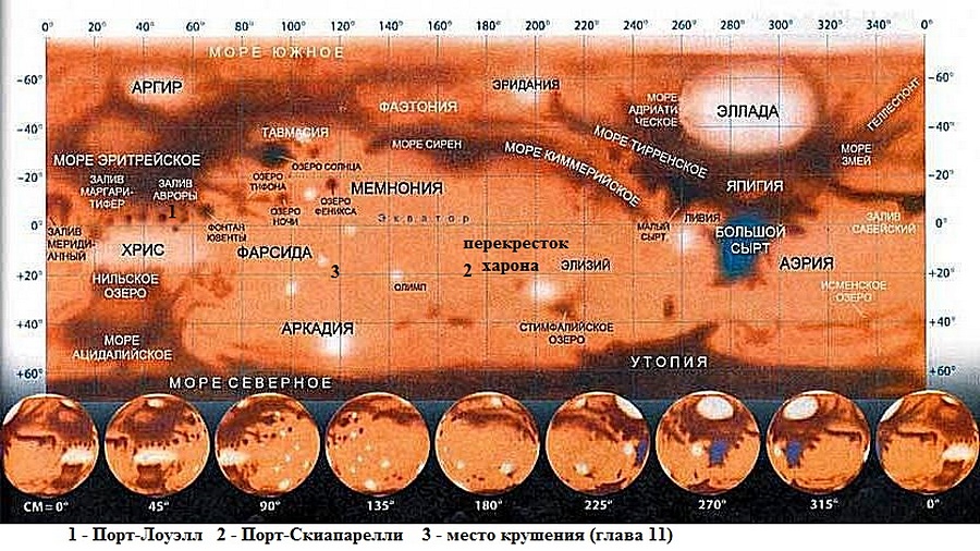 поверхность Марса, карта с подписями основных географических объектов